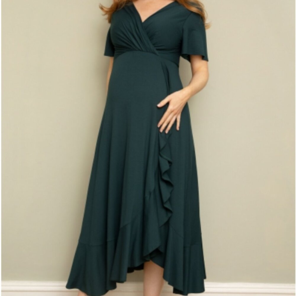 Flutter-Sleeve Wrap Midi Dress in Teal Green